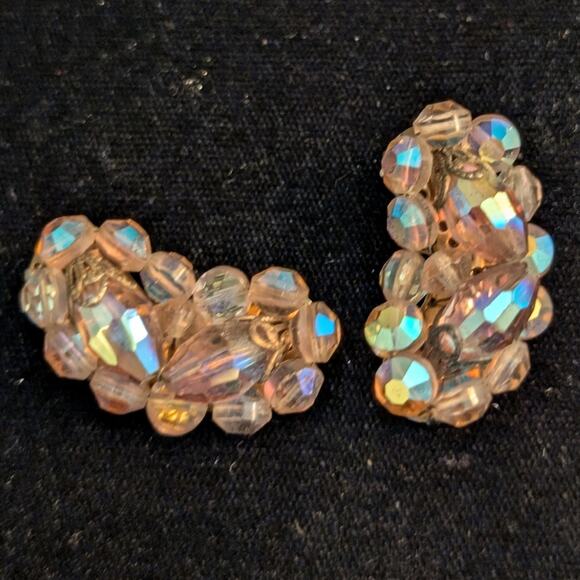 Vintage Aurora Borealis Glass Crystal Clip On Earrings - Picture 3 of 3